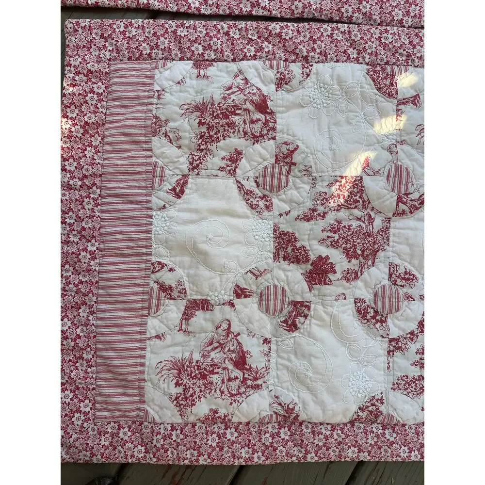 French country Toile quilted pillow shams red white reversible standard set 2